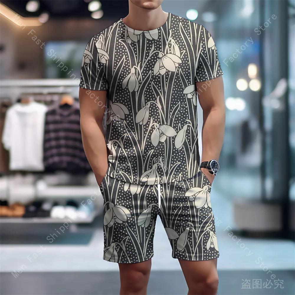 Summer Men T Shirt Shorts Sets Mesh Print Oversized T-shirts Sportswear Suits Male Casual Tops Fashion Tracksuits Men's Clothing