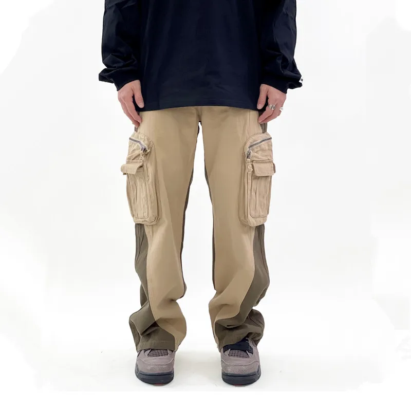

2022 Vibe стиль пэчворк хаки винтажные мужские мешковатые брюки карго с боковым карманом прямые хип-хоп хлопковые повседневные длинные брюки