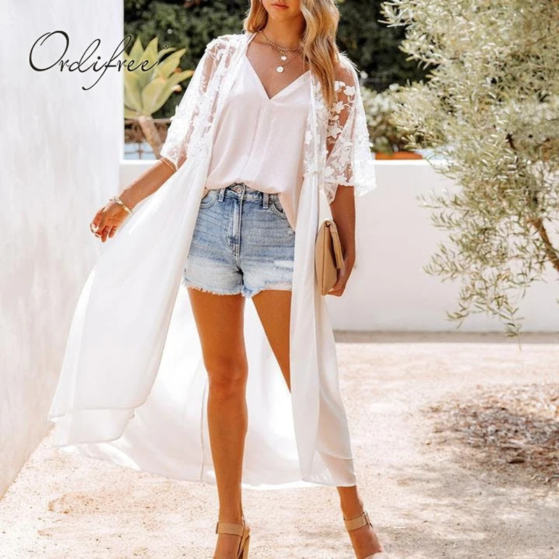 

Женское платье-кардиган Ordifree, длинный шифоновый кардиган с рукавом до локтя и вышивкой из тюля, верхняя одежда, лето 2022