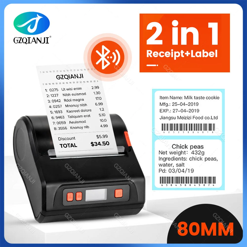 

Thermal Label & Receipt Thermal Printe Two in One 80mm 3 Inch Portable Mini Bluetooth POS Printer Label Maker Bill impressora