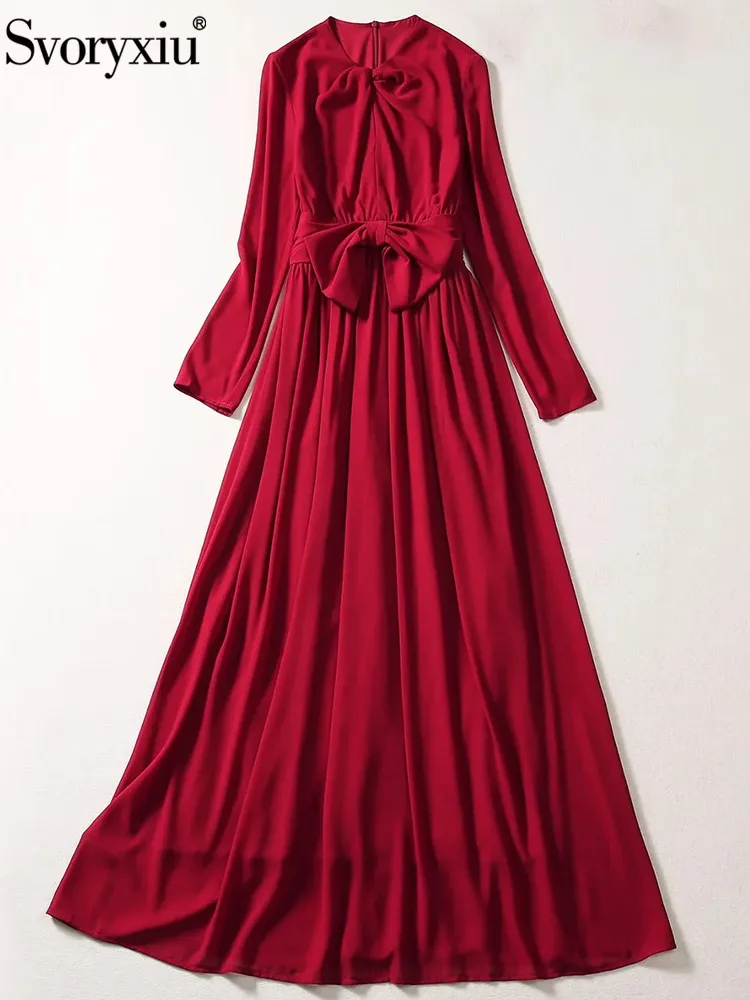 

Svoryxiu High Quality Spring Runway Fashion Vintage Red Color Ankle-Length Dress Women's Long Sleeve Bow High Waist Dress