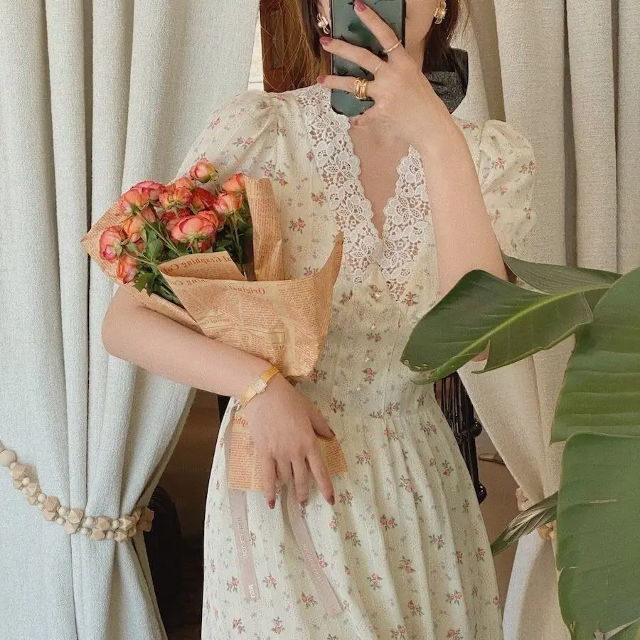 

Women Elegant Lace Chiffon Korean Party Dress Puff Sleeve V Neck Midi Dress