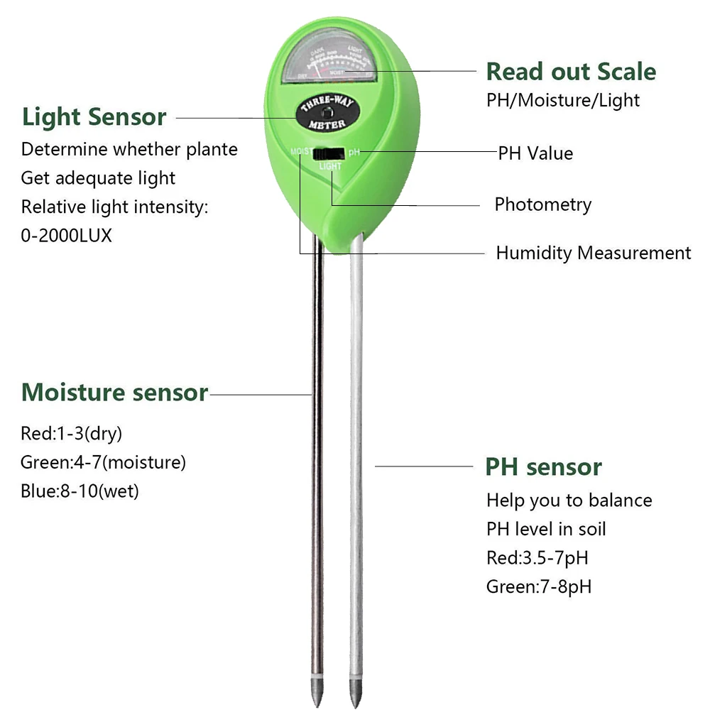 PH-метр 3-в-1 цифровой измеритель влажности температуры и интенсивности солнечного