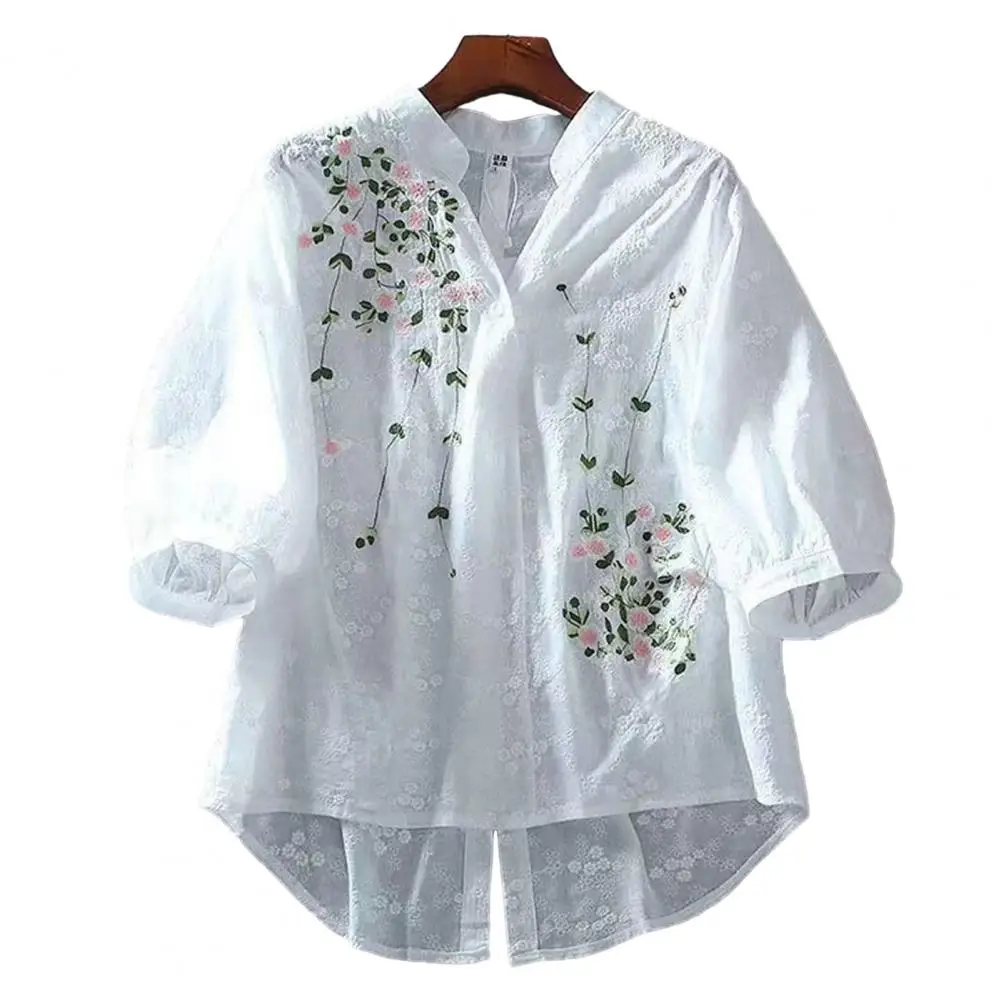 

2023 Fashion Blouses Women Retro Embroidery Flowers Pattern Shirt Tops Stand Collar V-neck Half Placket 3/4 Sleeve Loose Tops