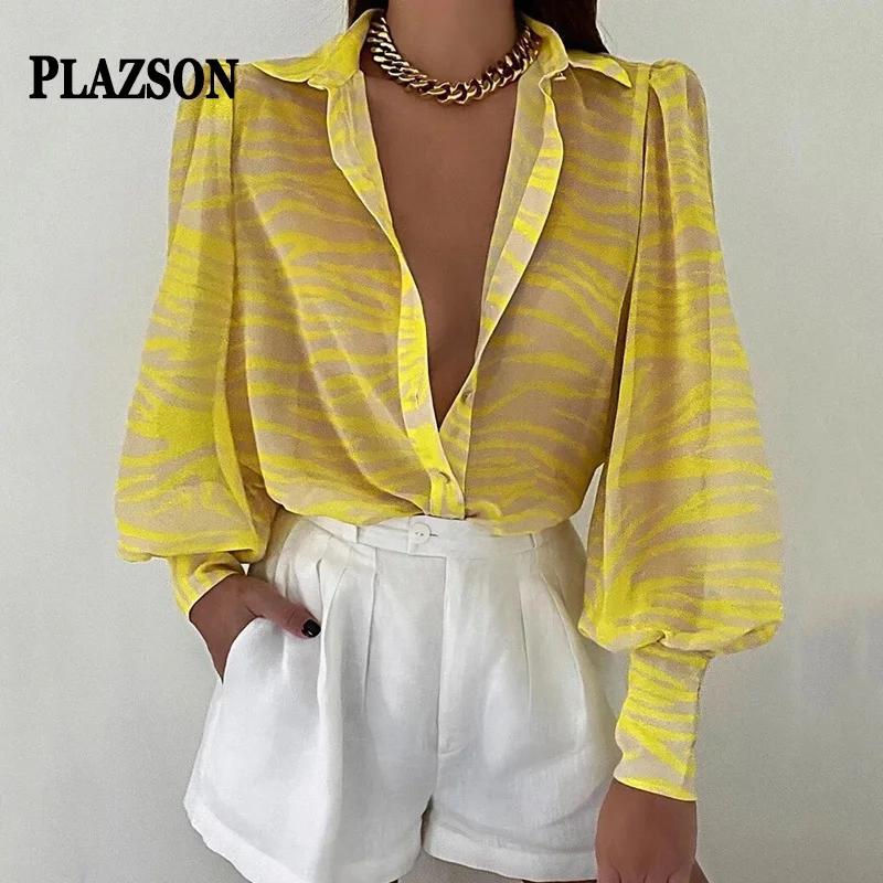

PLAZSON Vintage Floral Print Women's Shirt Spring Fall Puff Sleeve Button-up Blouse Casaul Lapel Streetwear Holiday Tops Blusas