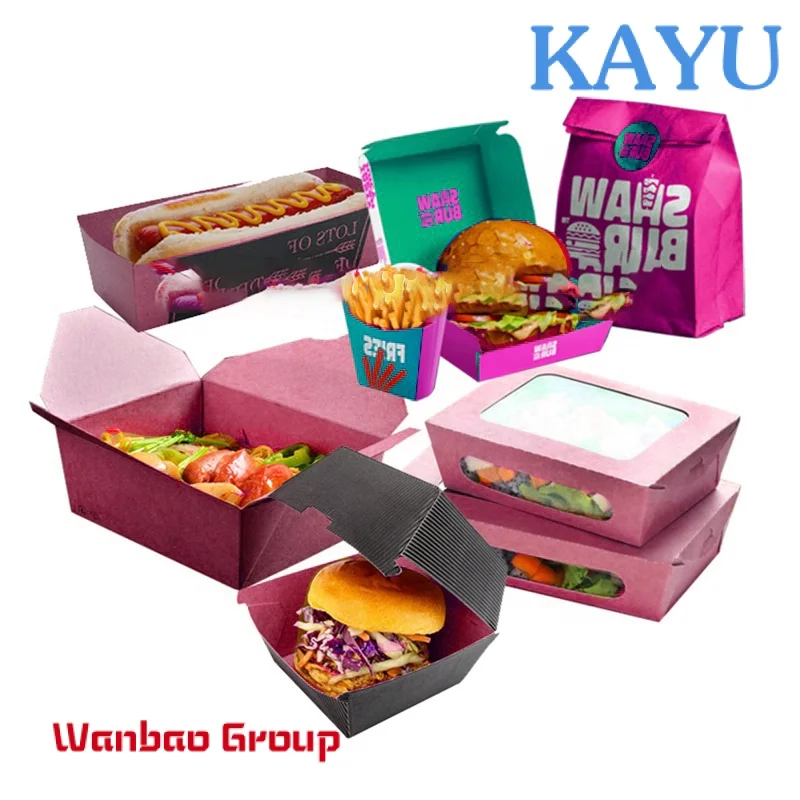 Custom design printed logo disposable mini cardboard kraft fast food lunch fries hot dog hamburger burger packaging paper box