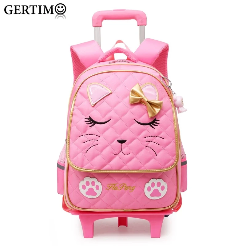 

Trolley School Bags for Girls Cute Cat Children Backpack with 2/6Wheel Waterproof Primary Backpacks Kids Girl Rolling Travel Bag
