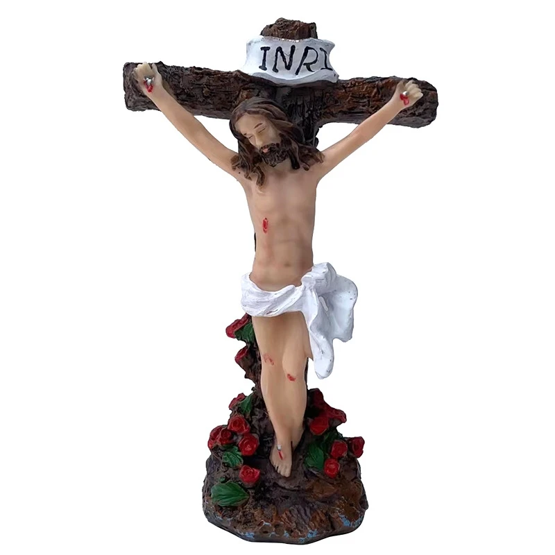 

Catholic Jesus Cross Resin Figurine Standing Crucifix Prayer Statue Crafts for Home Living Room Bedroom Christian Church