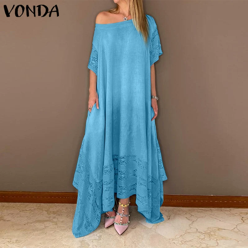 

VONDA Oversize Vintage Women Maxi Long Robe Half Sleeve Crochet Patchwork Holiday Party Dress Fashion Irregular Hem Maxi Vestido