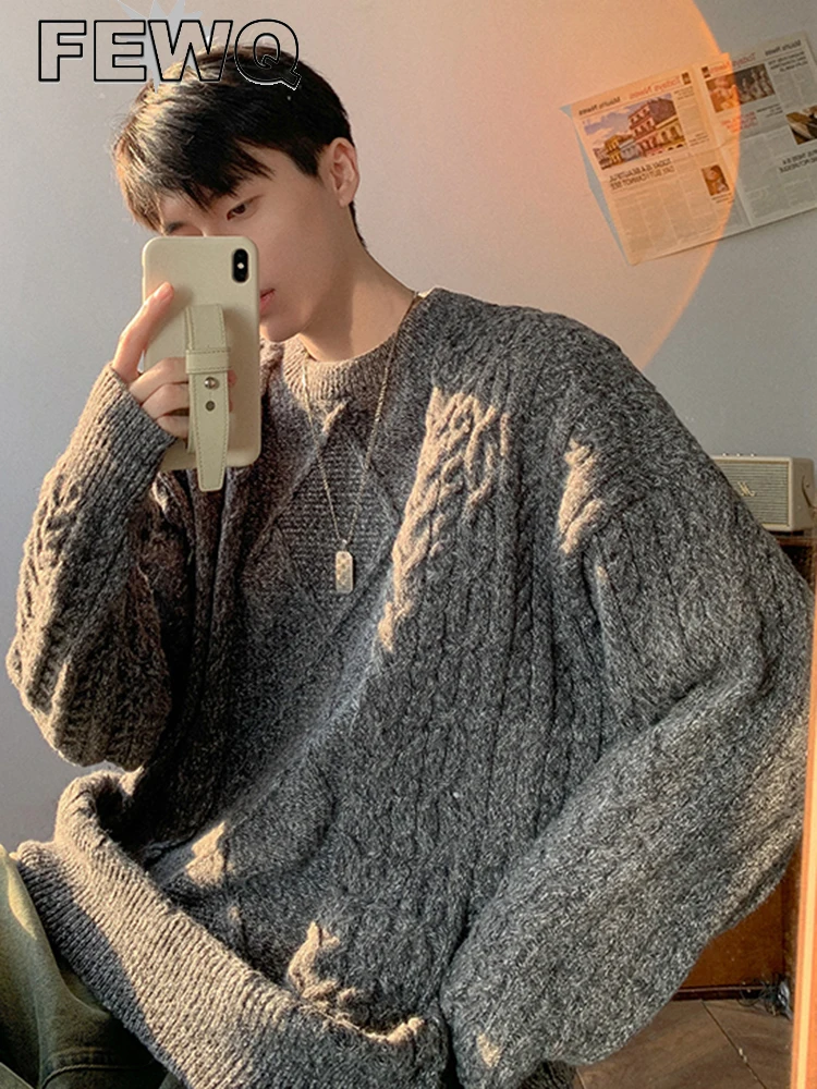 

Мужской трикотажный свитер с круглым вырезом FEWQ, однотонный Повседневный пуловер в полоску, в Корейском стиле, осень 2023