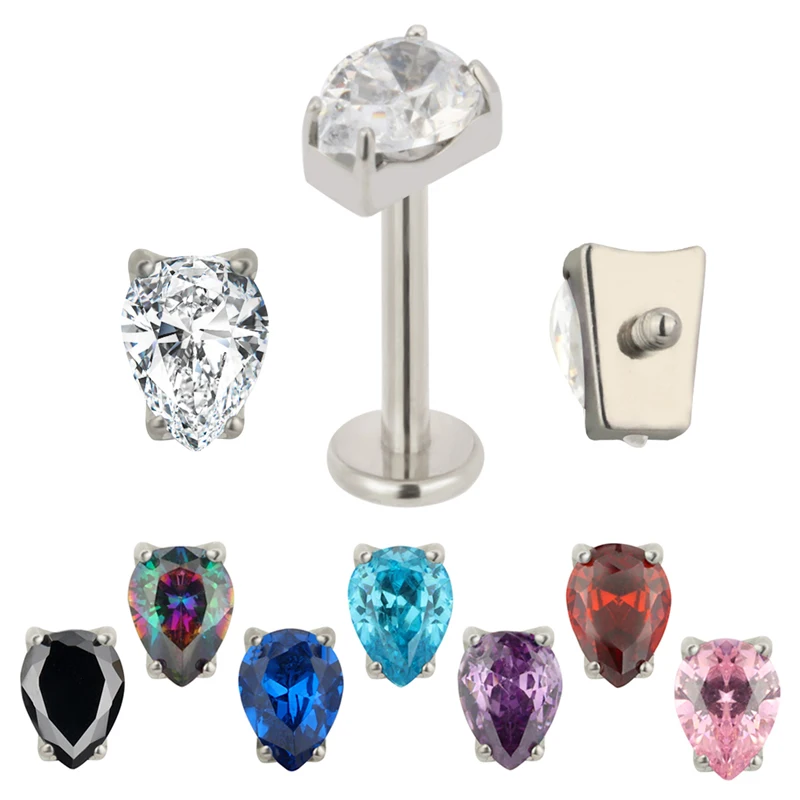 

ASTM F136 Titanium EAR PIERC Pear Shape CZ Paved Top Ear Studs Labret Lip Stud Cartilage helix EARRING Body Piercing Jewelry
