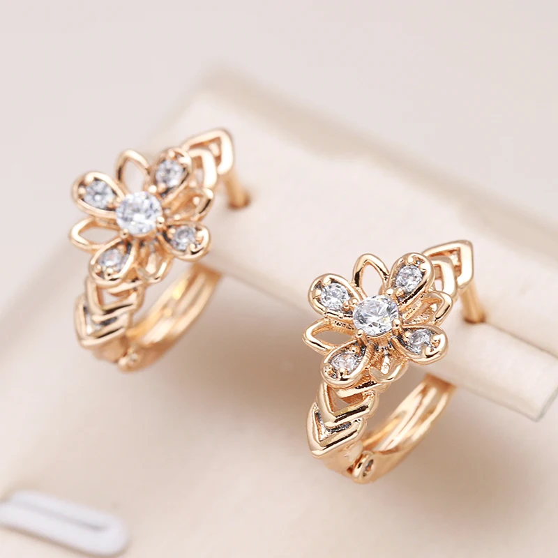 

Kinel Luxury Cutout Crystal Flowers English Earrings 585 Rose Gold Color Fine Jewelry Trendy Natural Zircon Full Paved Earrings