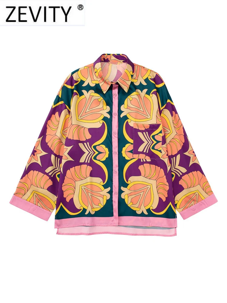 

Zevity Women Vintage Pocket Patch Color Match Floral Print Soft Satin Blouse Lady Retro Shirt Chic Blusas Chemise Tops LS1239