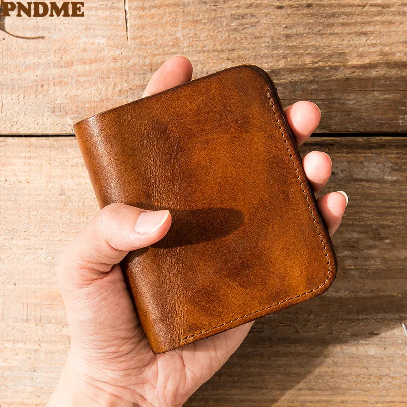 Simple genuine leather men's short small wallet fashion vintage high-quality natural real cowhide women's mini coin purse gifts