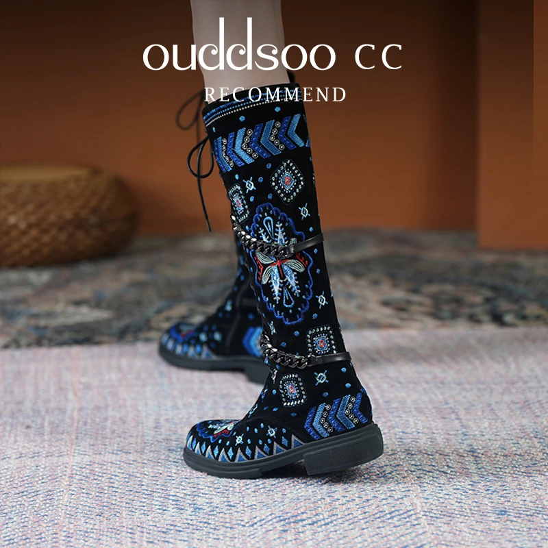 ODS Ethnic Knee High Boots Embroidery Floral Genuine Leather Chunky Long Heel Zipper Botas Mujer Autumn Winter Womens Lady Shoes
