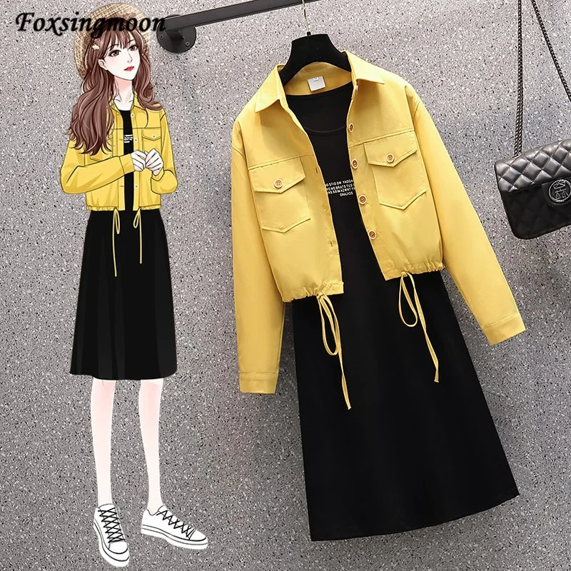 

2022 Autumn Two Piece Set Outfits For Women Streetwear Without Sleeve Dress+Denim Jacket Women Casual Fashion 2 Piece Set