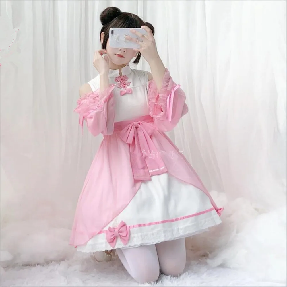 

Милое шифоновое платье Mori Girl в китайском стиле с открытыми плечами и длинным рукавом милое платье Cos Loli винтажное готическое платье лолиты д...