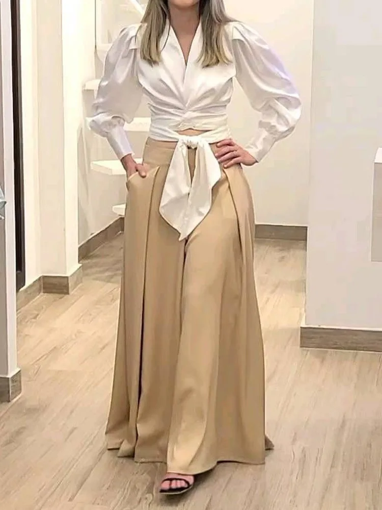 

Женский комплект из двух предметов, однотонная Повседневная рубашка с V-образным вырезом и длинными рукавами и свободные брюки с широкими ш...