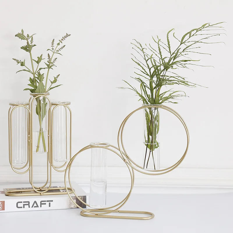 

Nordic Gold Wrought Iron Transparent Glass Test Tube Vase Living Room Flower Arrangement Decoration Hydroponic Hydroponic Plant