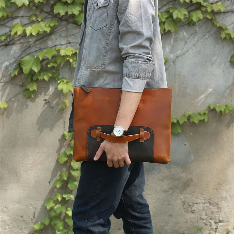 Vintage genuine leather large-capacity men's clutch bag simple designer handmade natural real cowhide work laptop A4 file bag