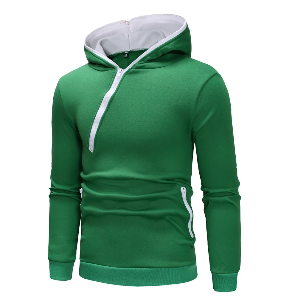 

Solid Color Slim Fit Diagonal Zipper Design Plus Size Sweater Zip Patch Hoodie Sweatshirt Streetwear Casual Pullover Men's Top