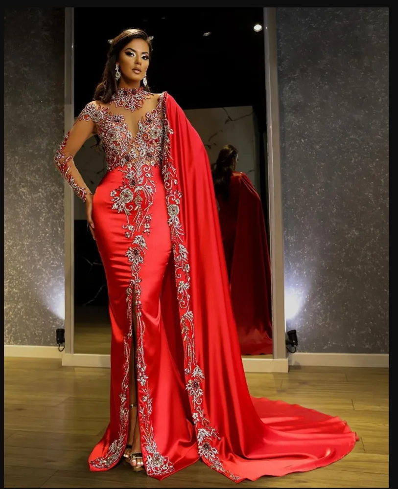 

2023 Red Classic Split Evening Dress Luxury Arabian Applique Mermaid Formal Prom Dress With Cape Plus Size Party Gown فساتين طوي