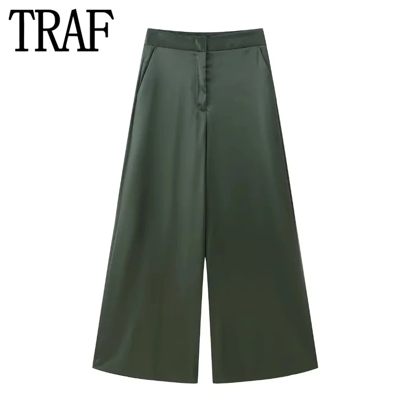 

TRAF 2023 Satin Wide Leg Pants Women Green High Waist Pants For Women Summer Streetwear Baggy Pants Woman Casual Trousers