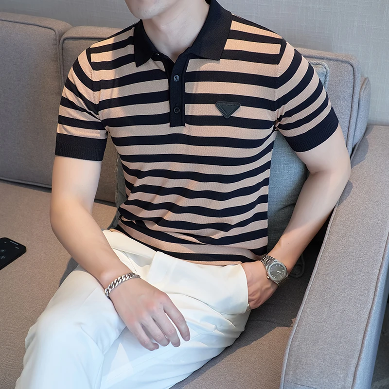 

2023 Fashion Oblique Stripes Polo T Shirts For Men Clothing Design Business Casual Short Sleeve Knitted Polos Homme S-4XL