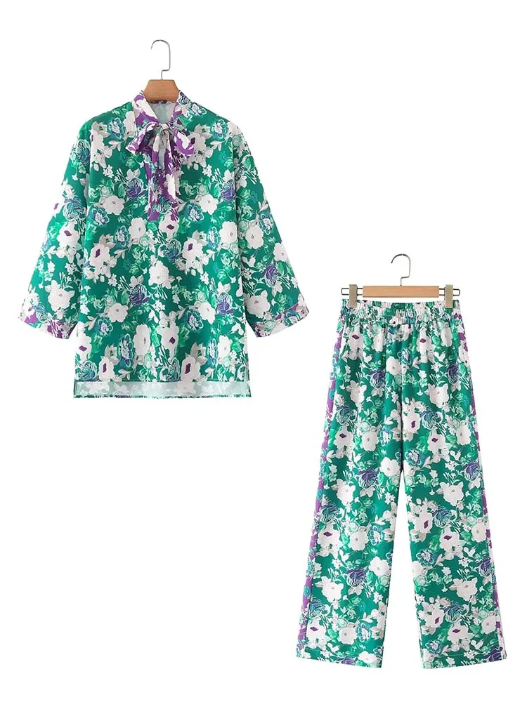 

KLKXMYT TRAF женские комплекты из 2 предметов 2022 новые модные блузки с принтом топы + Прямые брюки комплект Повседневный винтажный женский костюм ...