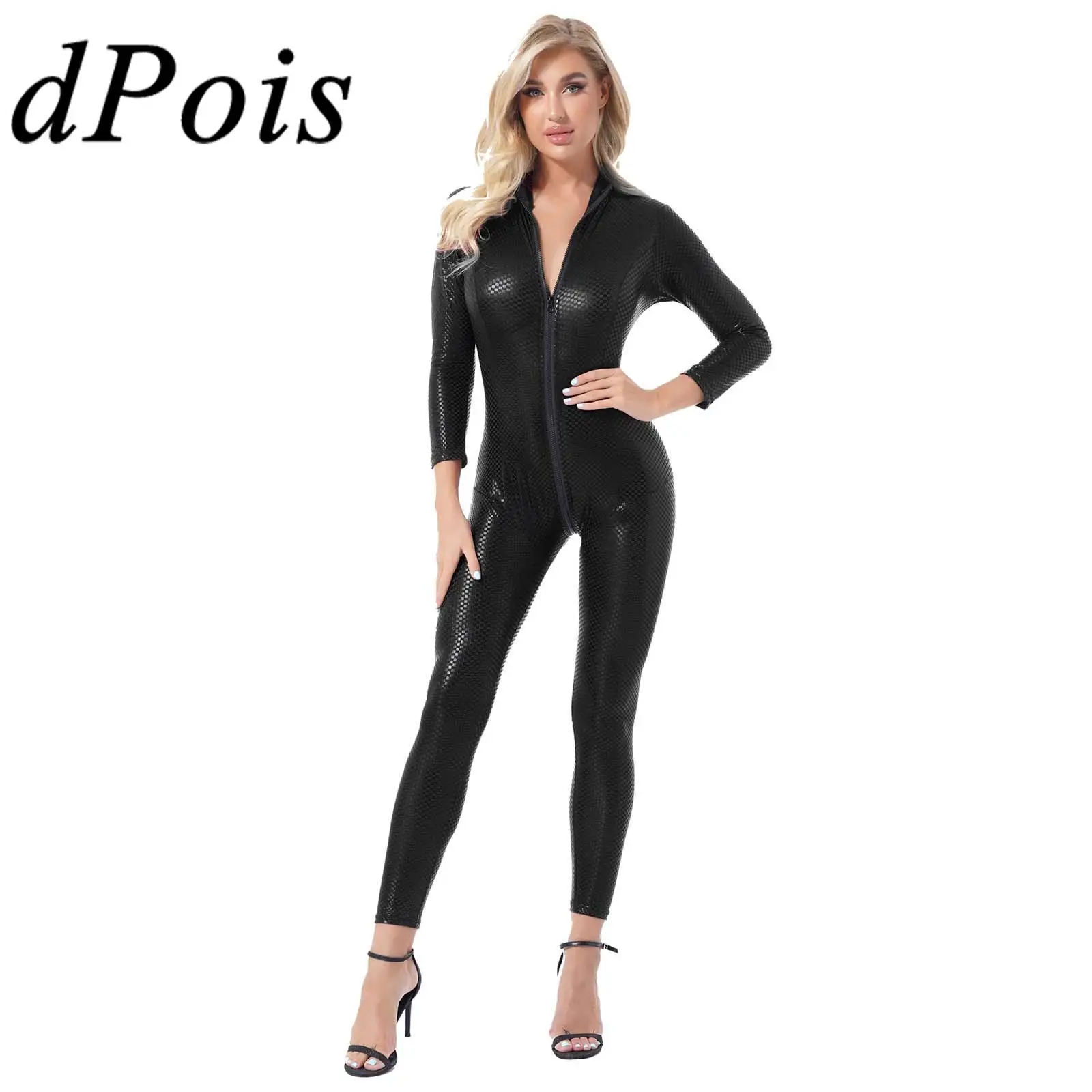 

Womens Patent Leather Catsuit Skinny Jumpsuit Female Clubwear Pole Dance Stage Show Costume High Neck Long Sleeve Playsuits