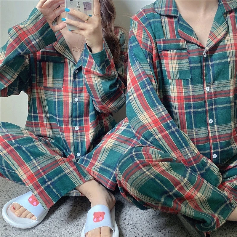 Green Plaid Women's Loose Pajama Suit Comfort Woman Men Sleepwear Cotton Spring Autumn Couple Homewear Female Christmas Nighwear