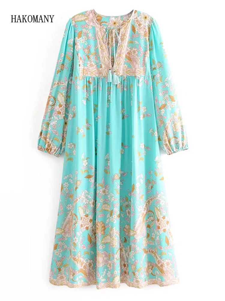 

Женские праздничные платья на бретельках с длинным рукавом, Пляжное Платье в стиле бохо мятно-зеленого цвета с кисточками, на шнуровке, с V-о...