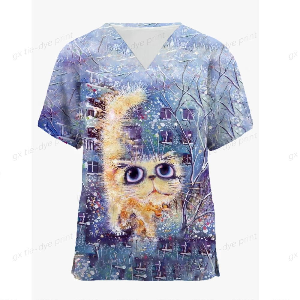 

Модные художественные цветные футболки с изображением кота, женский топ с принтом, Повседневная Базовая белая рубашка с V-образным вырезом, женская футболка с коротким рукавом, женские футболки