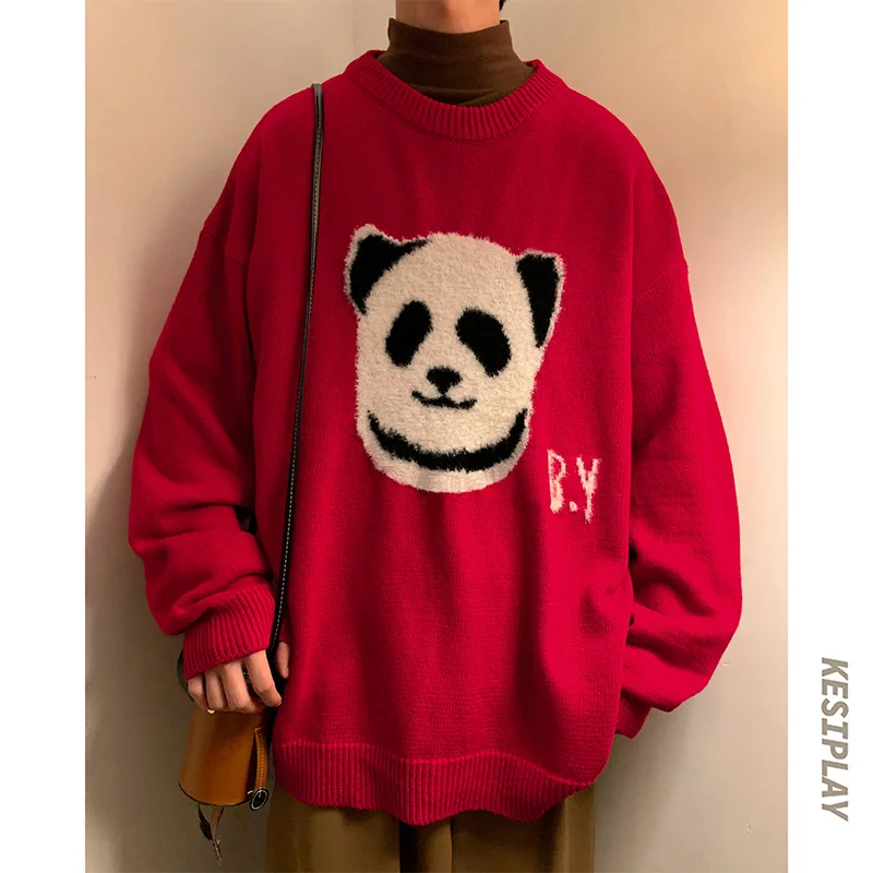 

M-3XL Panda Pattern Long Sleeve Sweater Male Korean Streetwear Fashion Men's Jumper Novelty Knit Oversize Pullovers XXXL