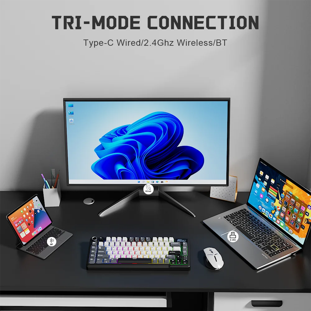 RK ROYAL KLUDGE L75 Пять ярких клавиш Настраиваемая механическая клавиатура Прокладка Структура Трехрежимная RGB-подсветка Геймерская клавиатура (art.: 3920cceedeb73) - 3920cceedeb73