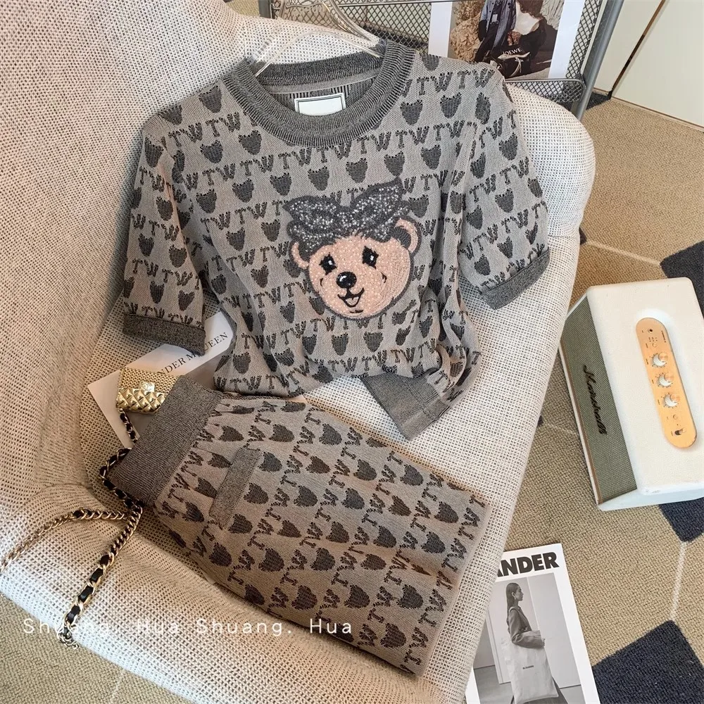 

2023 Summer Shorts Set Women Korean Short Sleeve Embroidery Bear Heart Tops and Shorts Two Piece Set Vintage Sweat Suit