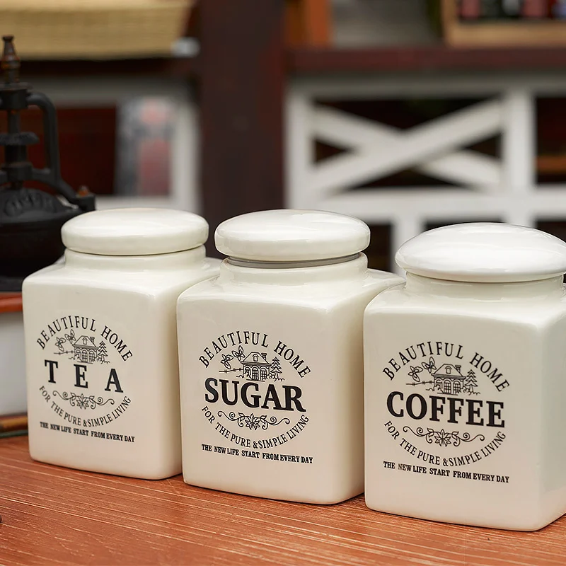 Brief Beautiful Home Ceramic Tea Coffee Sugar Sealed Jars And Lid 3 Pcs Set Cafe Food Container Canister With Cover Storage Vial