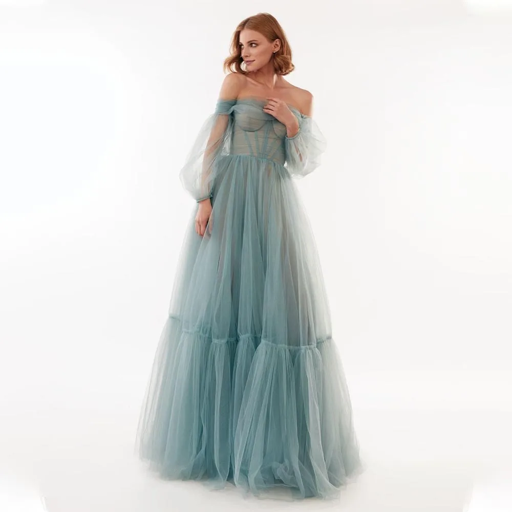 

Light Blue Tulle Evening Dresses for Women Off the Shoulder A Line Evening Gown Long Puff Sleeves Elegant Homecoming Party Dress