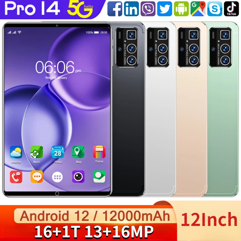 

Планшет Pro14, 12 дюймов, Android 12, 16 + 1T, 13 + 16 МП