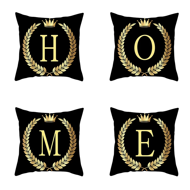 

45x45cm Fashion Black Gold Alphabet Polyester Pillowcase Crown Leaf Square Pillowcase Living Room Sofa Cushion Cover Home Decor