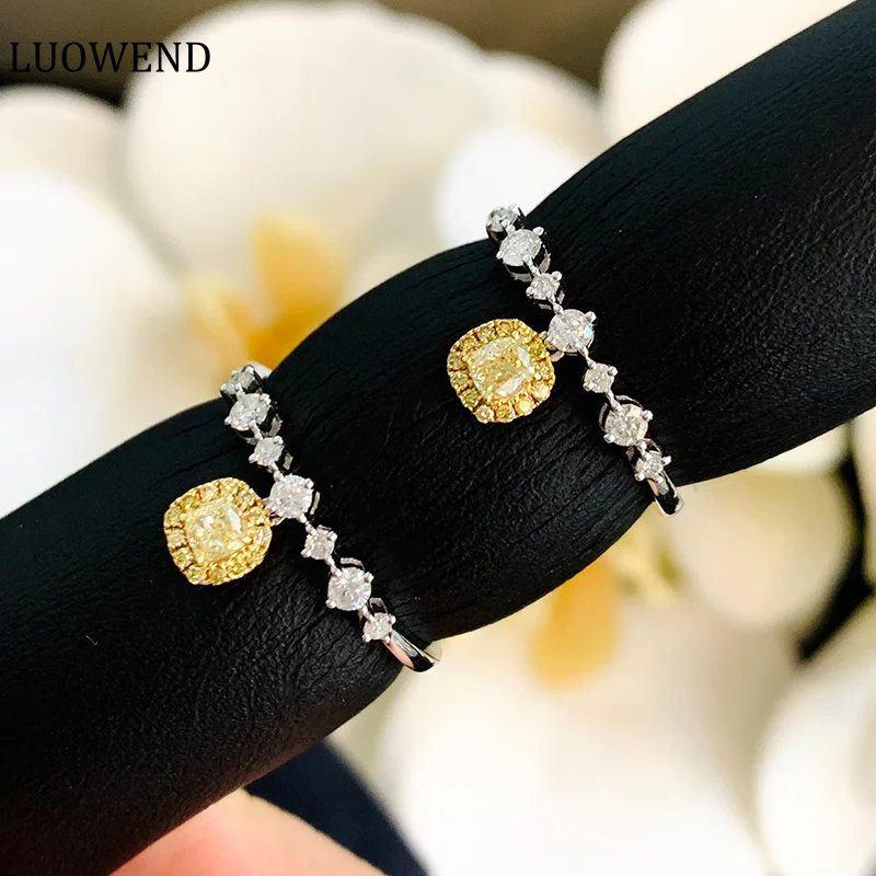 Кольца LUOWEND из белого золота 18 карат, модные квадратные обручальные кольца с натуральными желтыми бриллиантами для женщин, помолвка