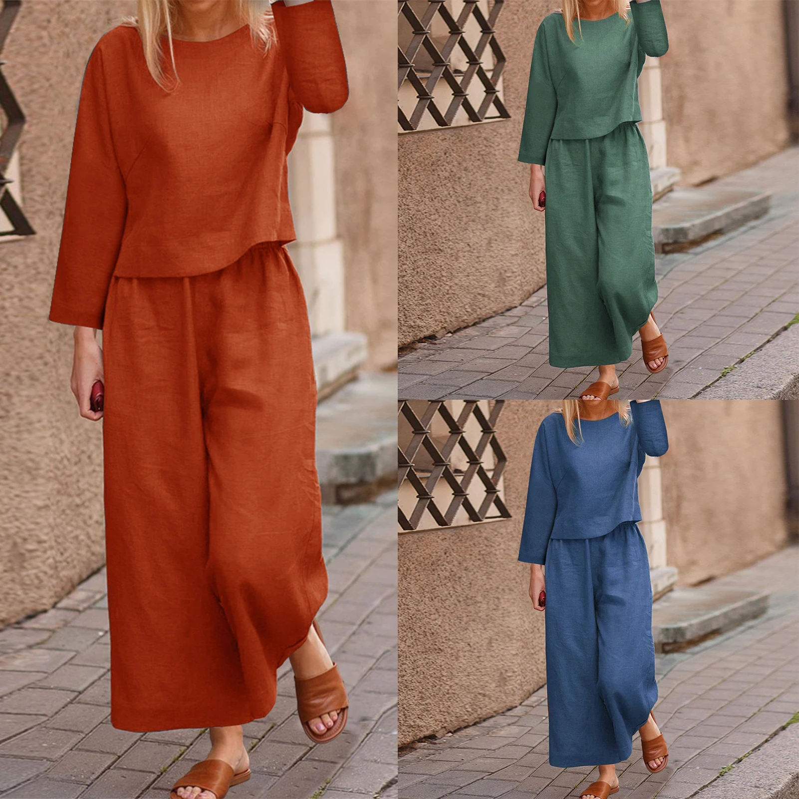 

Linen Crew Neck Casual 2 Piece Outfits Long Sleeve Women Basic Top Cropped Pants Elastic Waist Solid Color Loose Vacation Outfit
