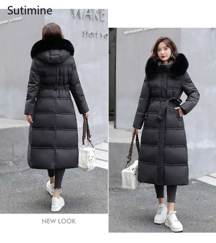 Winter Coat Women Office Lady Adjustable Waist Women Coat with Large Fur Collar and Slim Down Cotton Padded Jacket Coat Women
