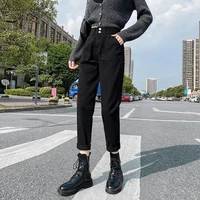 women black denim harem pants trousers elastic high waist jeans streetwear y2k loose korean casual mom cute jeans pockets button