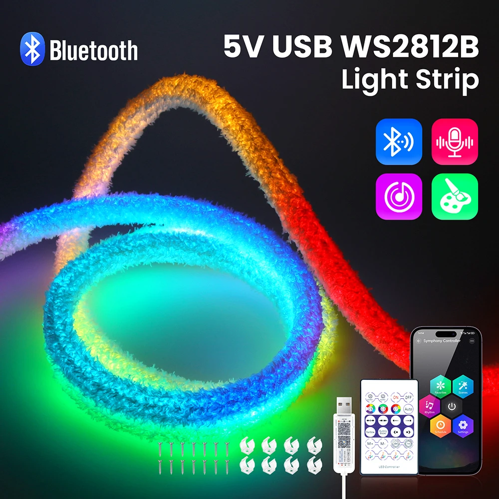 Фото Пушистый бархатный неоновый свет RGB 360 Круглая трубка WS2812B 5 В USB светодиодная лента с 24 клавишами ИК Bluetooth Пульт дистанционного управления Водонепроницаемый домашний декор №1
