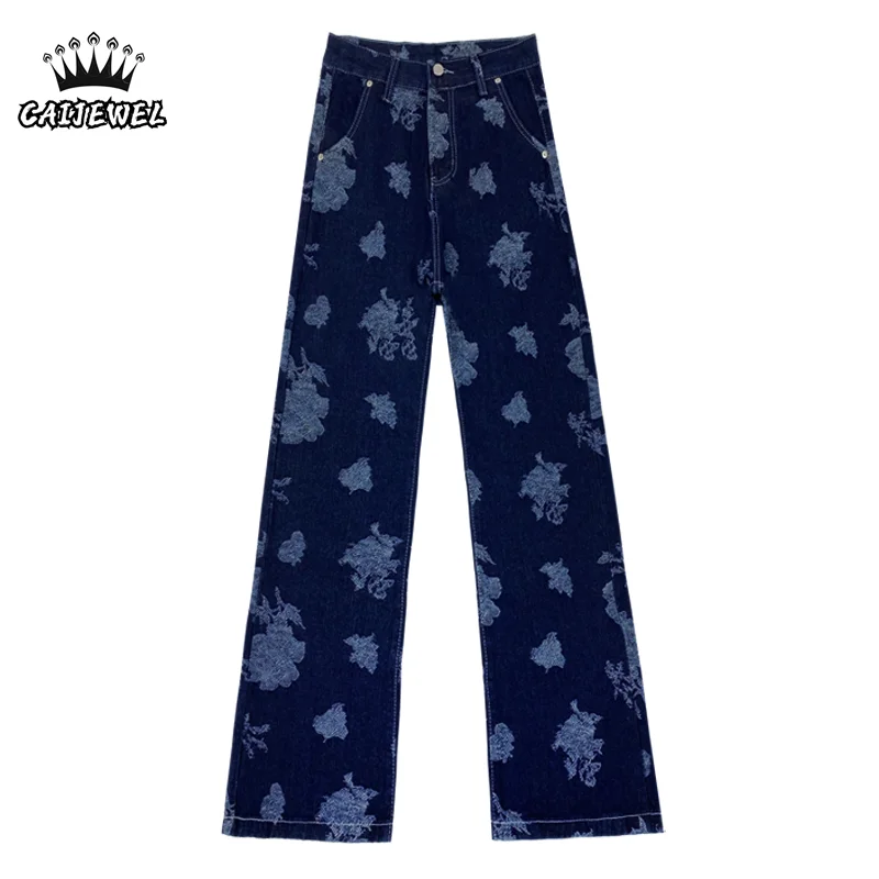 

Women's Jeans Blue Flowers Embroidery Straight High Waist Self Cultivation Vintage Baggy Plus Size Denim Wide Leg Trouser Ladies