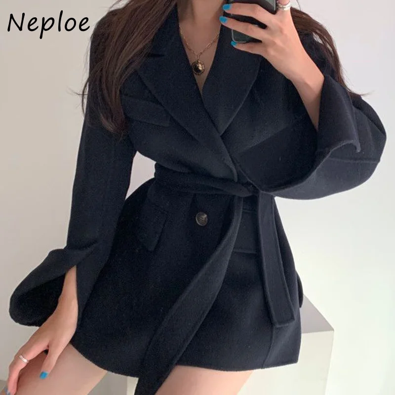 

CINESSD Temperament Office Lady Autumn Winter Womens Coats One Button Belt Slim Waist Peacoat Woman Split Warm Woolen Jacket