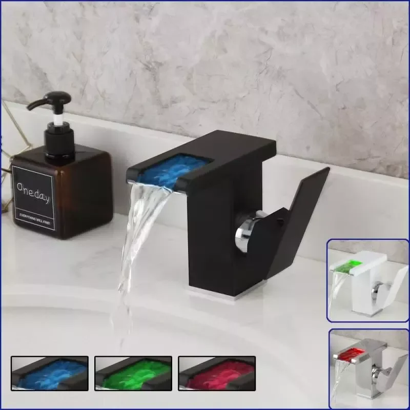 

Brass LED Basin Faucet Waterfall Bathroom Cold Hot Water Mixer Crane Sink Tap Color Change Powered By Water Flow Faucets Basin