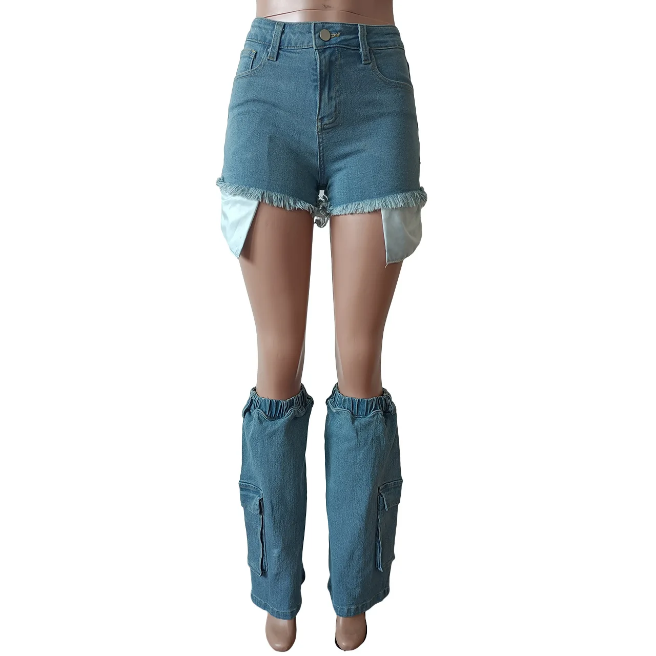 2023 Summer Denim Shorts and Leg Socks Y2K 2 Piece Set Sexy Outfit Women Denim Jean Shorts Pockets Pants Streetwear Suits