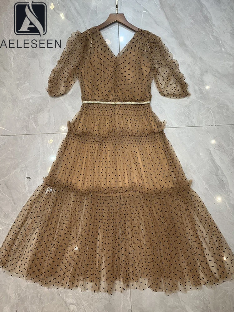 

Женское модельное платье в горошек AELESEEN, облегающее элегантное платье средней вечерние Ны с V-образным вырезом и оборками для вечевечерние, ...